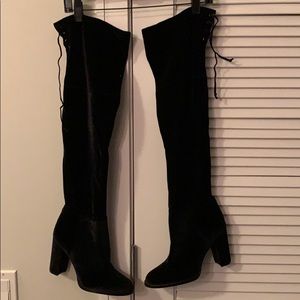 Black velvet over the knee heeled boot